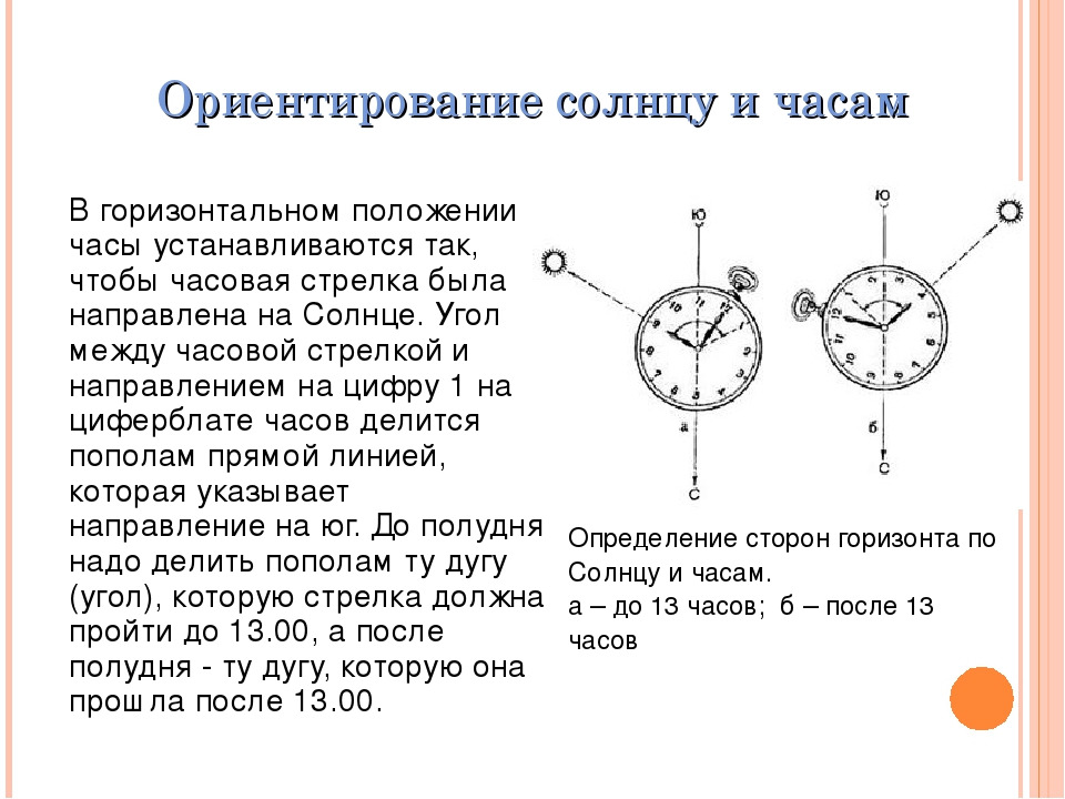 Описать способы ориентирования по часам. Как определить направление по часам. Как ориентироваться на местности с помощью часов. Определение сторон света по циферблату часов.
