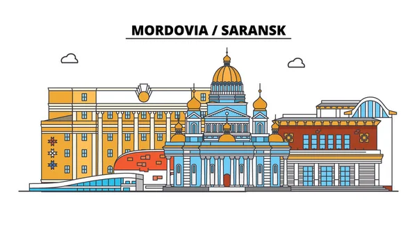 Russia, Mordovia, Saransk. City skyline: architecture, buildings, streets, silhouette, landscape, panorama. Flat line, vector illustration. Russia, Mordovia, Saransk outline design. Vector Graphics